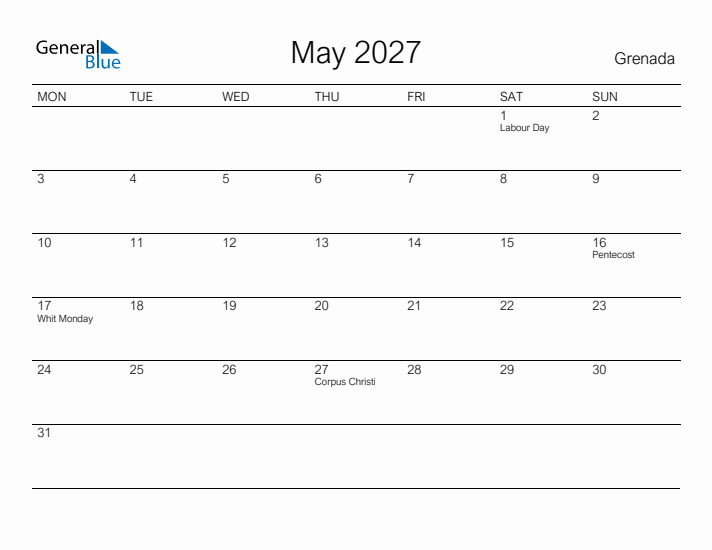 Printable May 2027 Calendar for Grenada