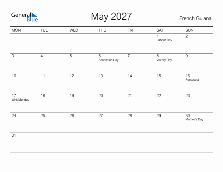 Printable May 2027 Calendar for French Guiana
