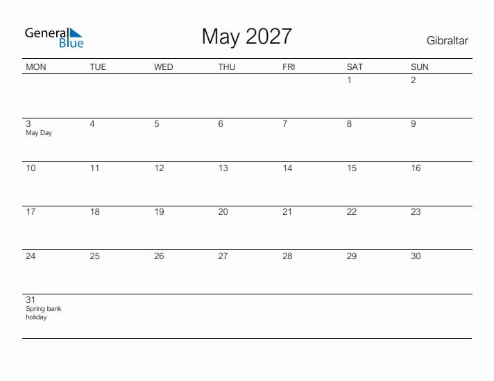Printable May 2027 Calendar for Gibraltar
