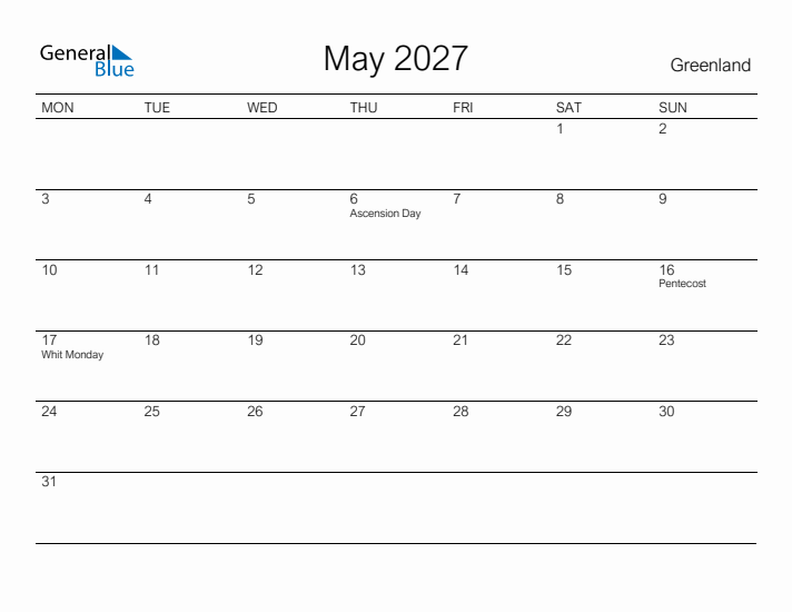 Printable May 2027 Calendar for Greenland