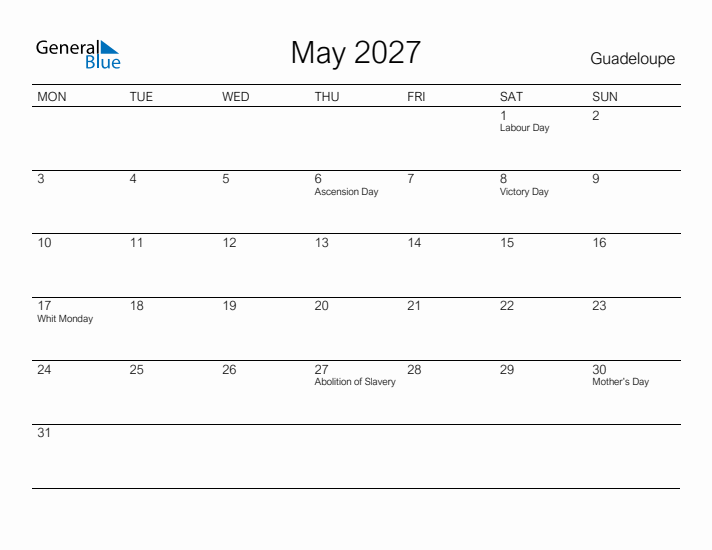 Printable May 2027 Calendar for Guadeloupe