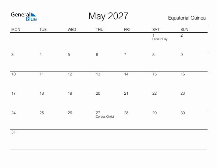 Printable May 2027 Calendar for Equatorial Guinea