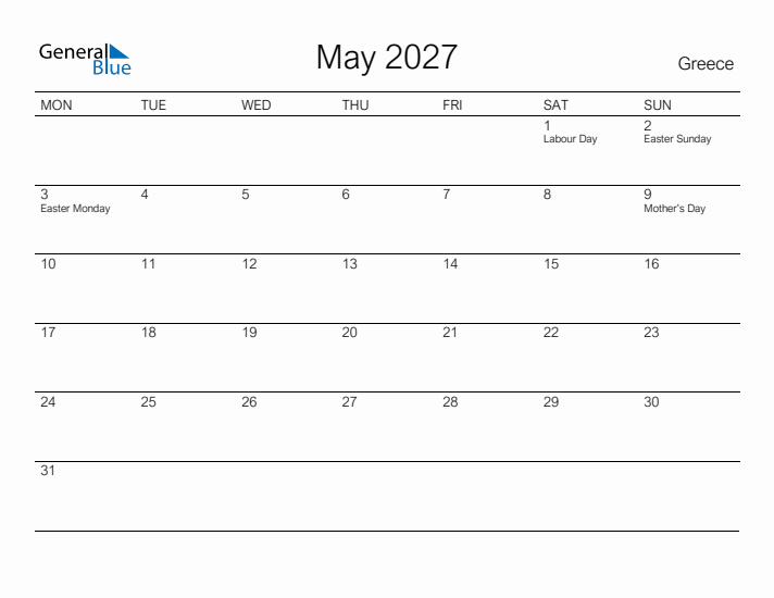 Printable May 2027 Calendar for Greece