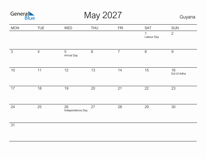 Printable May 2027 Calendar for Guyana