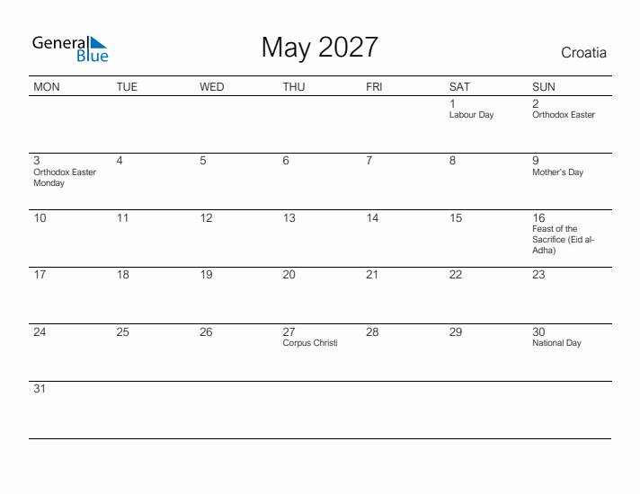 Printable May 2027 Calendar for Croatia