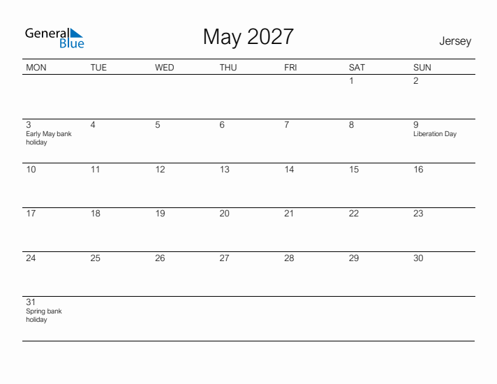 Printable May 2027 Calendar for Jersey