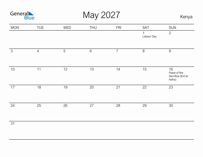 Printable May 2027 Calendar for Kenya