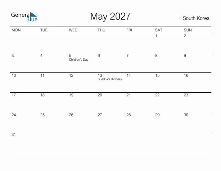Printable May 2027 Calendar for South Korea