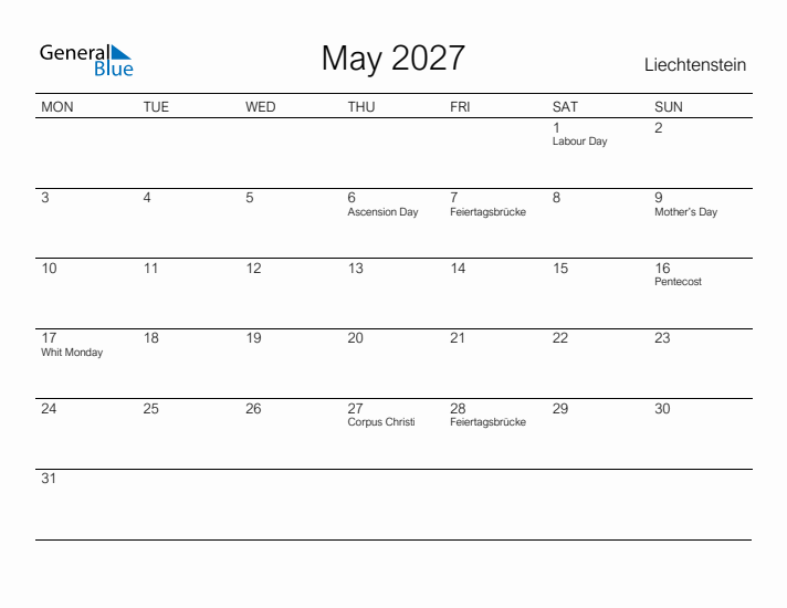Printable May 2027 Calendar for Liechtenstein