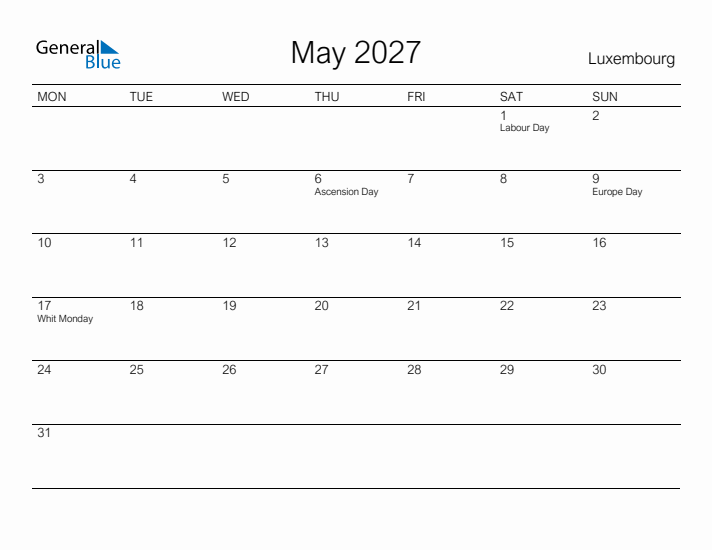 Printable May 2027 Calendar for Luxembourg