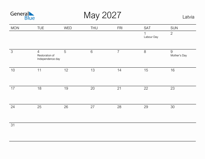 Printable May 2027 Calendar for Latvia