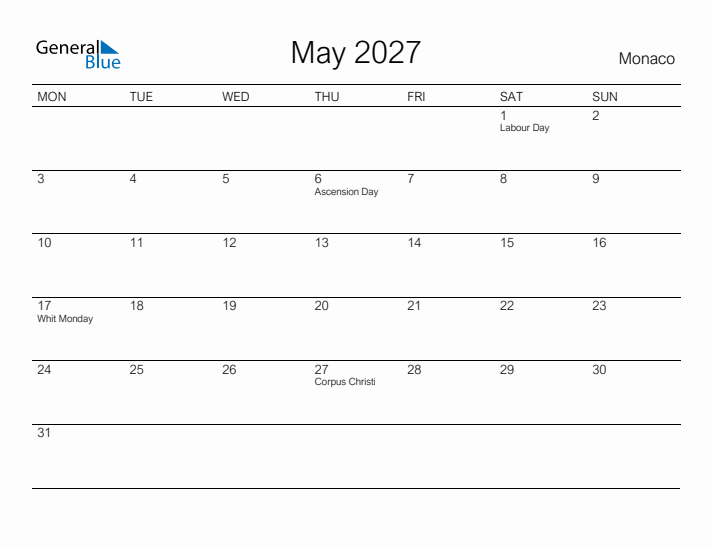 Printable May 2027 Calendar for Monaco