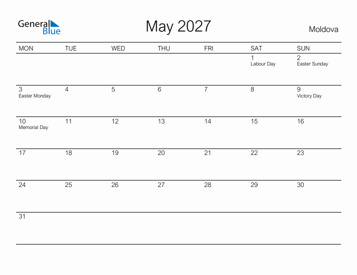 Printable May 2027 Calendar for Moldova