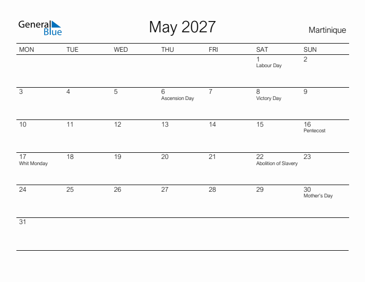 Printable May 2027 Calendar for Martinique