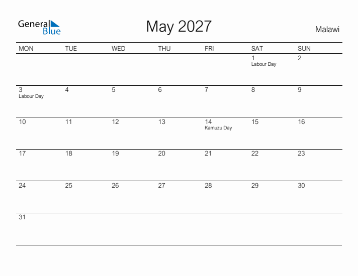 Printable May 2027 Calendar for Malawi