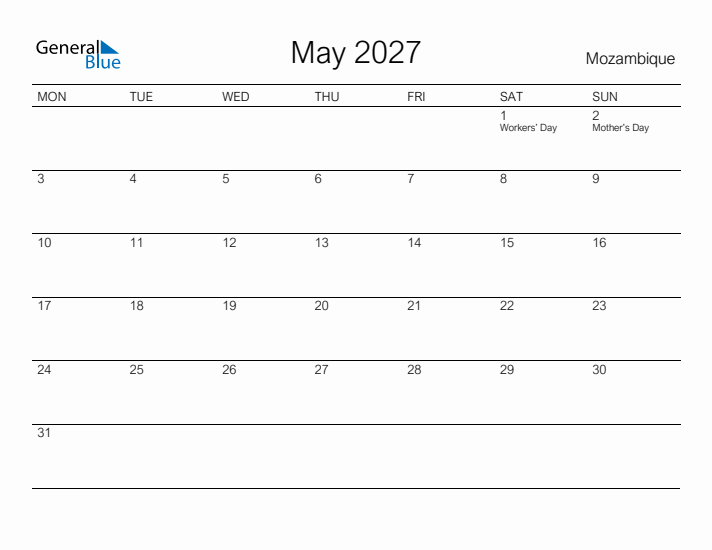 Printable May 2027 Calendar for Mozambique