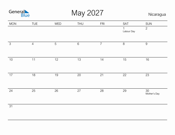 Printable May 2027 Calendar for Nicaragua
