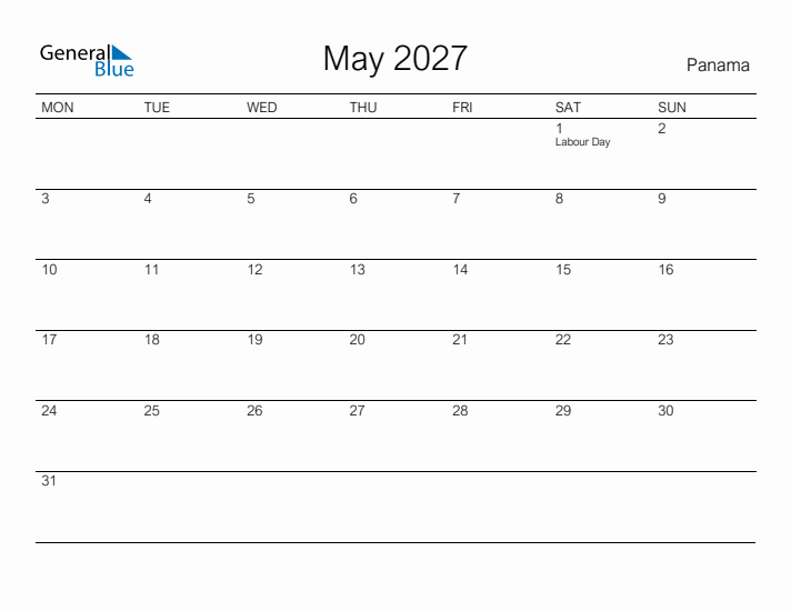 Printable May 2027 Calendar for Panama