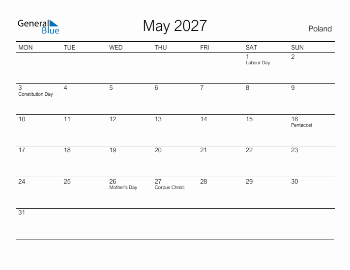 Printable May 2027 Calendar for Poland