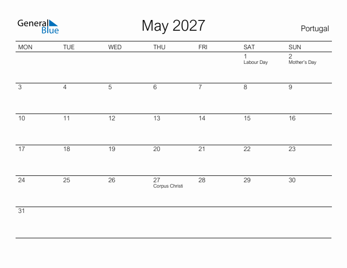 Printable May 2027 Calendar for Portugal