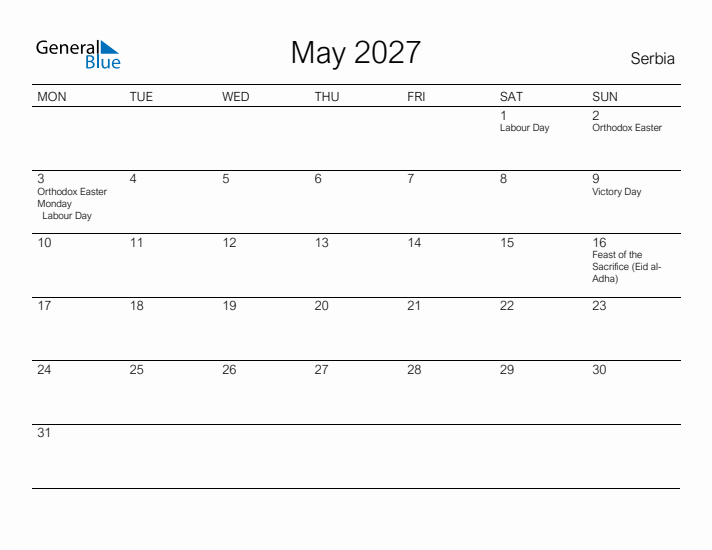 Printable May 2027 Calendar for Serbia