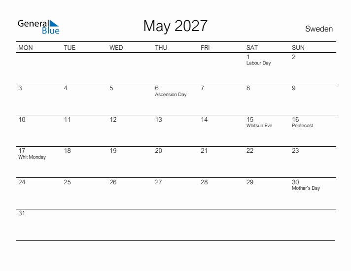 Printable May 2027 Calendar for Sweden