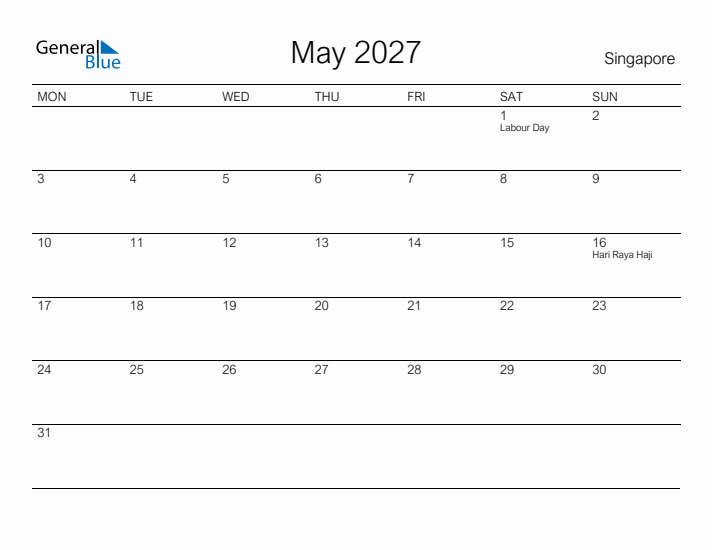 Printable May 2027 Calendar for Singapore