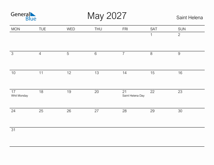 Printable May 2027 Calendar for Saint Helena