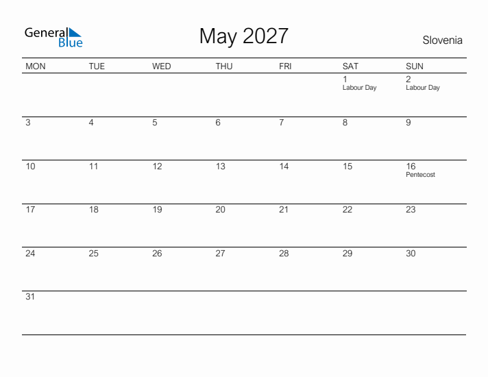 Printable May 2027 Calendar for Slovenia