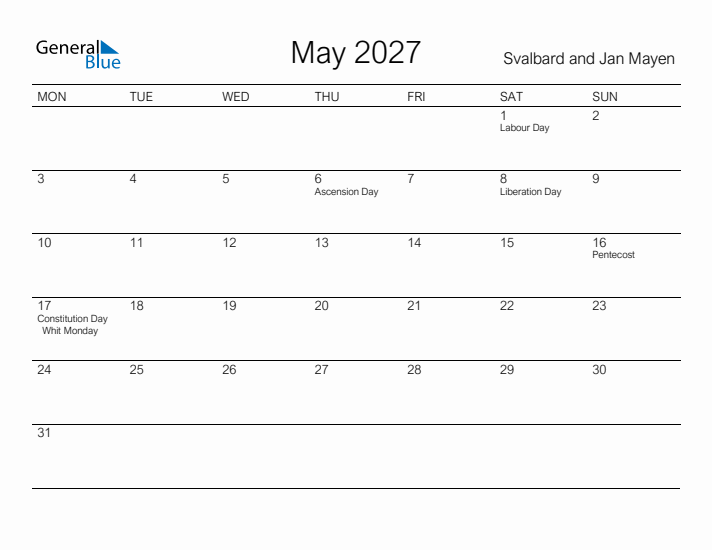 Printable May 2027 Calendar for Svalbard and Jan Mayen