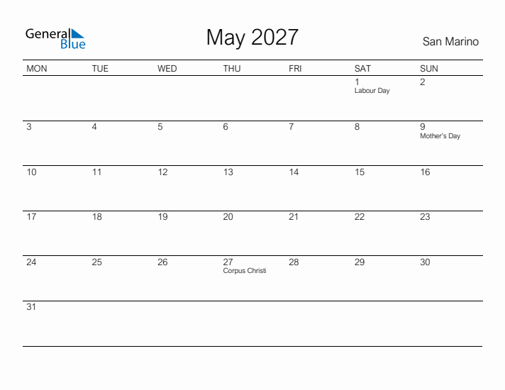 Printable May 2027 Calendar for San Marino