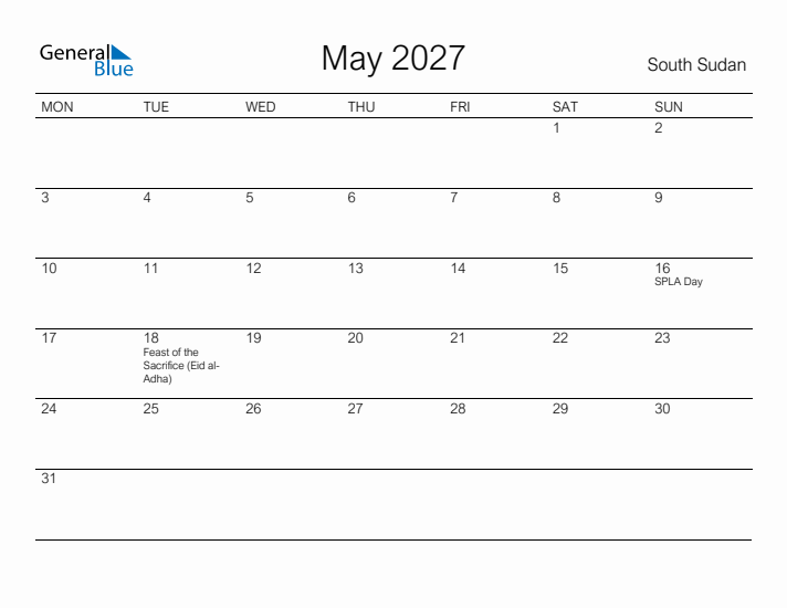 Printable May 2027 Calendar for South Sudan