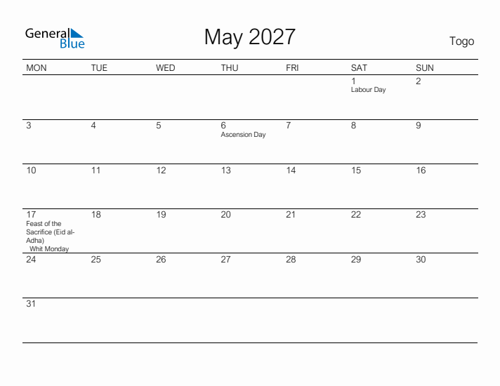 Printable May 2027 Calendar for Togo