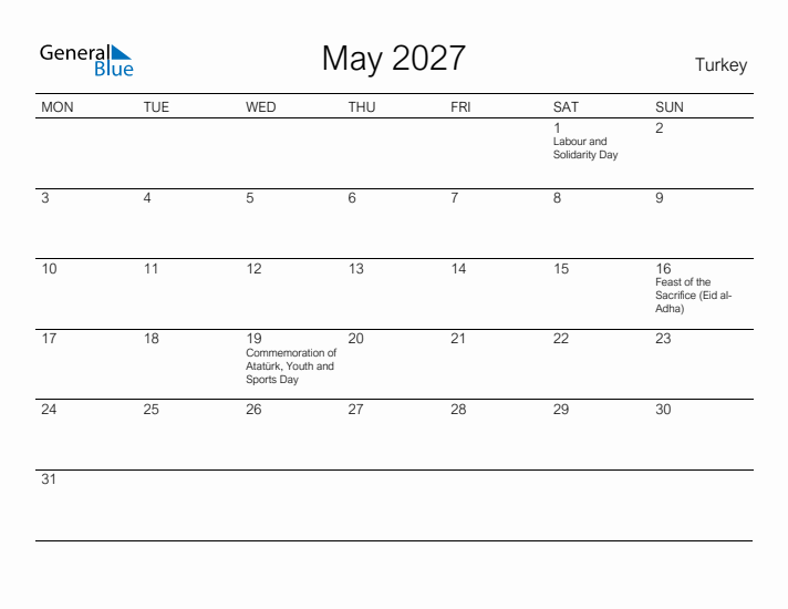 Printable May 2027 Calendar for Turkey