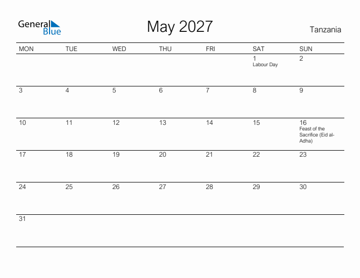 Printable May 2027 Calendar for Tanzania