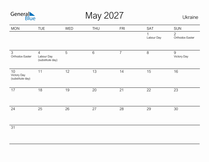 Printable May 2027 Calendar for Ukraine