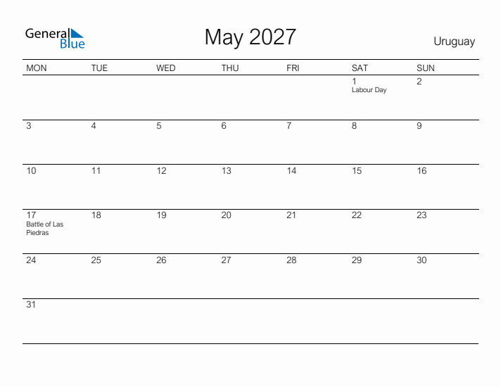 Printable May 2027 Calendar for Uruguay
