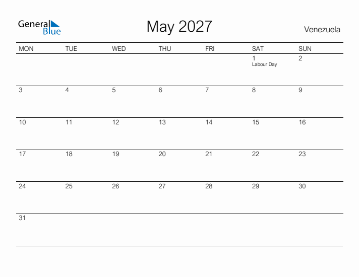 Printable May 2027 Calendar for Venezuela