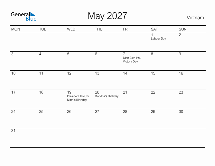 Printable May 2027 Calendar for Vietnam