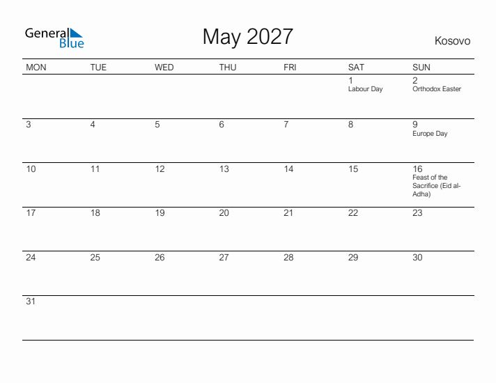 Printable May 2027 Calendar for Kosovo