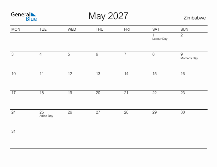 Printable May 2027 Calendar for Zimbabwe