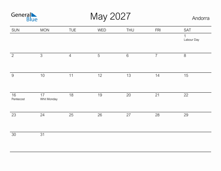 Printable May 2027 Calendar for Andorra