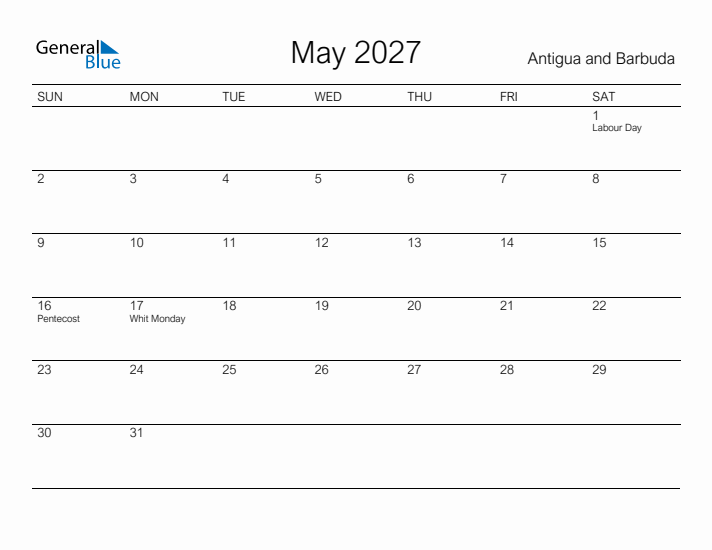 Printable May 2027 Calendar for Antigua and Barbuda
