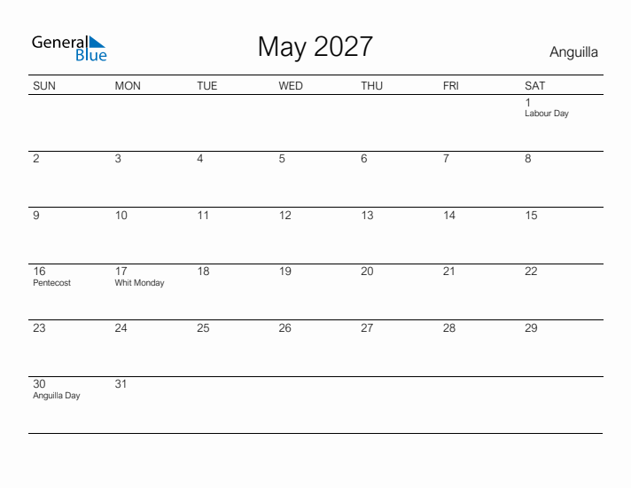 Printable May 2027 Calendar for Anguilla