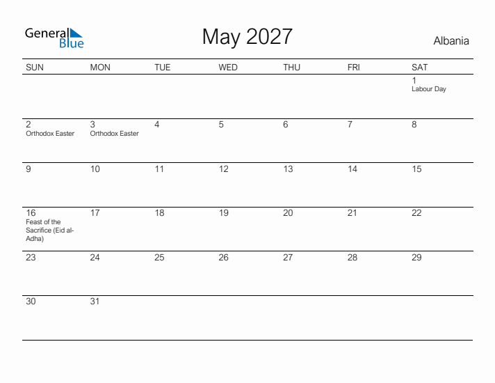 Printable May 2027 Calendar for Albania