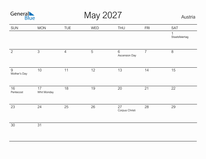 Printable May 2027 Calendar for Austria