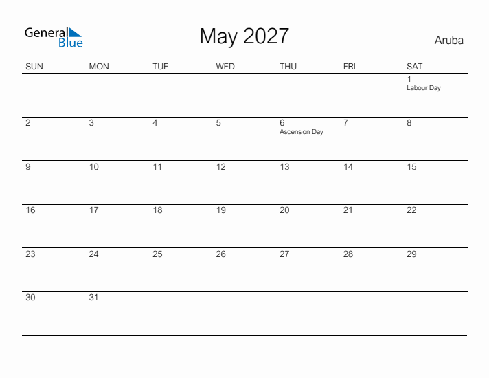 Printable May 2027 Calendar for Aruba