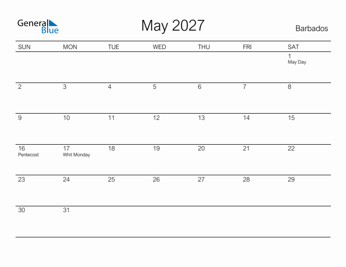 Printable May 2027 Calendar for Barbados