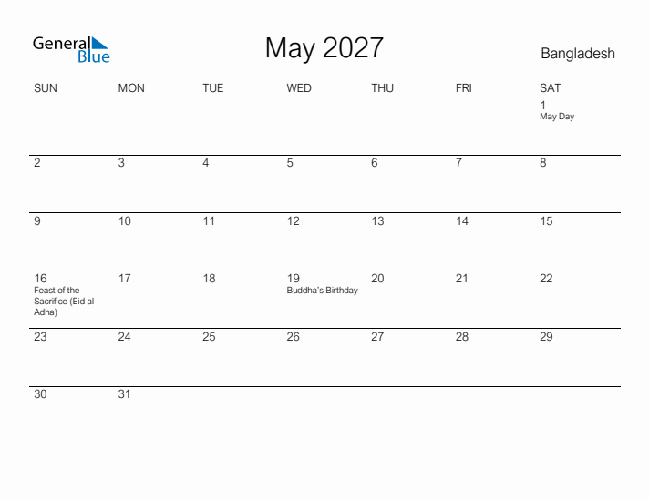 Printable May 2027 Calendar for Bangladesh