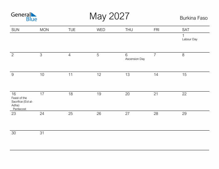 Printable May 2027 Calendar for Burkina Faso